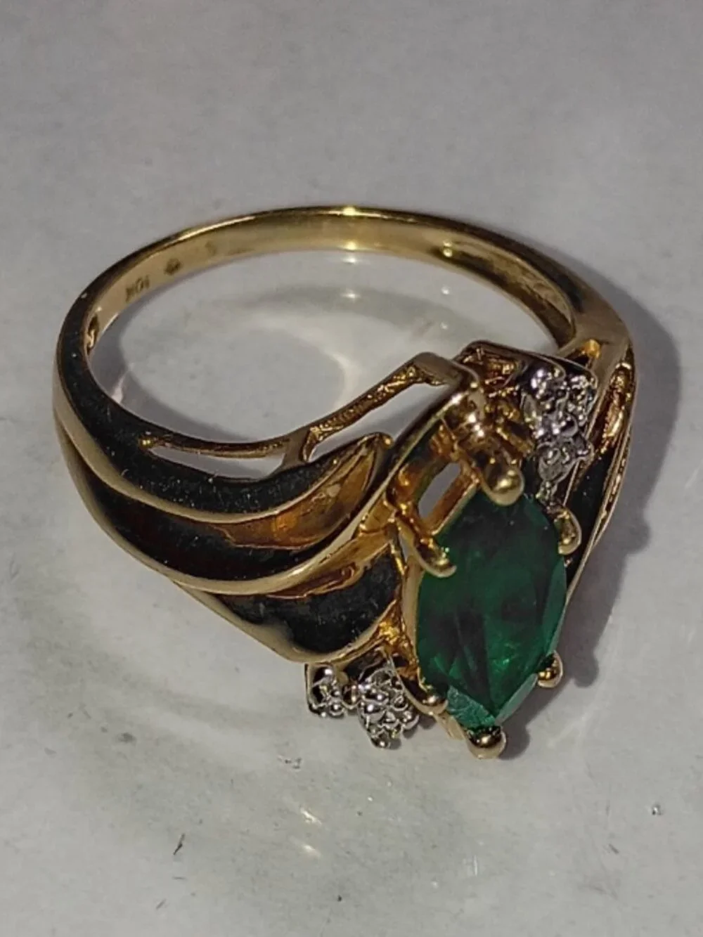 10Kt Two-Tone Gold Marquise Lab-Emerald Ring with Diamond-Accent